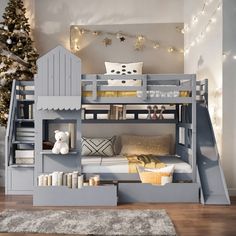 a child's bedroom with a bunk bed and stairs leading up to the ceiling