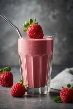 a smoothie in a glass with strawberries on the side