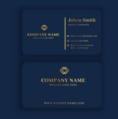 two business cards with gold accents on dark blue background, one has a logo and the other has a name