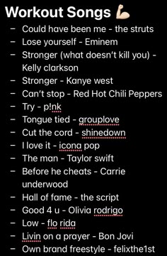 workout song list with the words'workout songs'in red and white on black