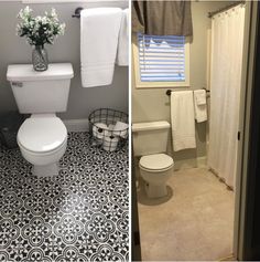 before and after photos of a bathroom remodel with black and white floor tiles