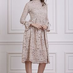 Empire Waist Dress Beige Sheath Dress For Fall, Beige Lace Knee-length Dress, Elegant Lace Dress For Fall, Winter Wedding Knee-length Midi Dress, Beige Fall Wedding Dress, Fall Wedding Beige Dress, Feminine Long Sleeve Lace Dress For Spring, Elegant Spring Lace Dress Fit And Flare, Elegant Spring Fit And Flare Lace Dress