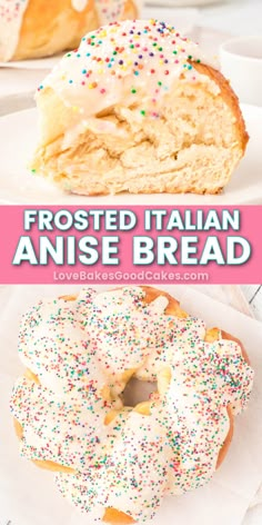 two different types of bread with frosting and sprinkles on them, one is