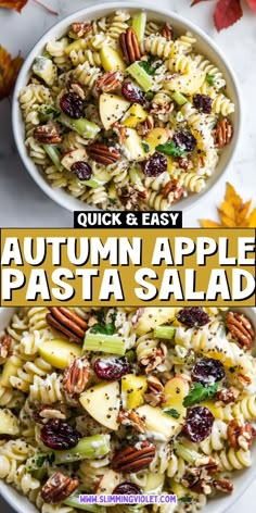 two bowls filled with pasta salad and nuts