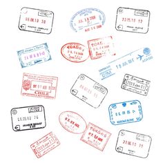 passport stamps with chinese writing on them are drawn in red, blue and green ink