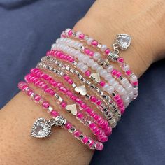 "These Clear Pink beaded stretchy bracelets with silver tone charm are handcrafted personally for me, Derlis. You can pick your size bracelet.  Choose your favorite color, color combination in silver tone finish, mix and match and make your own set. Fun for both kids and adults alike. Perfect as Valentine's Day gift, friendship bracelets, even for daily wearing. It is very important that you measure your wrist before placing your order to find your correct size bracelet. You can use a flexible t Valentines Beaded Bracelet, Valentine’s Day Bracelet Ideas, Valentines Day Bracelet, Flower Making Tutorial, Pink Beaded Bracelets, Mother Daughter Bracelets, Valentine's Day Celebration, Valentines Bracelets, Friendship Bracelets With Beads