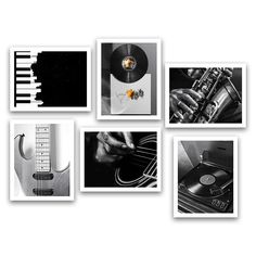 various black and white photographs with musical instruments