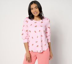 With a fun print, 3/4-length sleeves, and sweet smocking details, this "Pick of the Day" top is always in season. Layer under a jacket (or not) accordingly. From Cuddl Duds. Fun Spring Loungewear Sleepwear, Cute Printed Tops For Pajama Party, Fun Spring Sleepwear For Loungewear, Casual Spring Sleepwear With 3/4 Sleeve, Casual 3/4 Sleeve Spring Sleepwear, Fun Spring Loungewear Tops, Fun Fall Loungewear Tops, Long Sleeve Tops For Pajama Party In Spring, Playful Spring Loungewear Tops