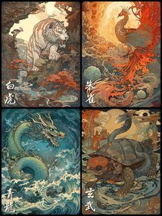 4 Divine Beasts Chinese, Four Guardians Chinese, Chinese God Art, Daoism Art, Chinese Mythology Creatures, Japanese Mythology Art, Chinese Mythical Creatures, Four Guardians, Chinese Gods