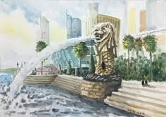 a watercolor painting of a fountain with a statue in the middle and people walking around