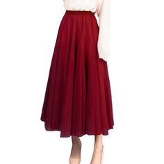 Burgundy Pleated Tulle A-line High Waist Skirt Fall Flared Tulle Skirt Bottoms, Fall Long Tulle Skirt, Chic Fall Tulle Maxi Skirt, Winter Long Tulle Skirt, Full Tulle Skirt Bottoms For Fall, Winter Tulle Flared Skirt, Winter Flared Tulle Skirt, Summer A-line Tulle Skirt, Fall Tulle Maxi Skirt