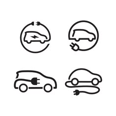 four different types of car logos in black and white, including one with an electric charger