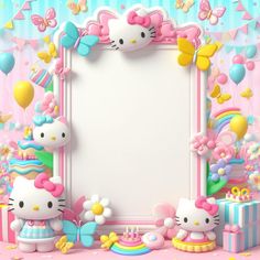 a hello kitty birthday party with balloons, gifts and an empty sign in the center