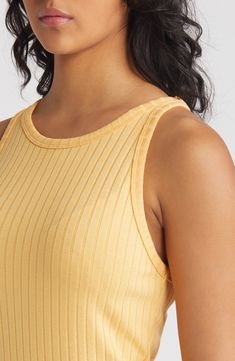 A stretchy rib skims your figure in this comfy, everyday dress with side slits, a racerback and a scoop neckline. Scoop neck Racerback 50% viscose, 44% polyester, 6% elastane Machine wash, dry flat Imported Summer Ribbed Tank Top With Scoop Back, Ribbed Bodycon Tank Top For Summer, Ribbed Bodycon Tank Top, Casual Bodycon Tank Top With Scoop Neck, Casual Scoop Neck Tank Top, Casual Bodycon Scoop Neck Tank Top, Bodycon Scoop Neck Tank Top For Spring, Spring Bodycon Scoop Neck Tank Top, Orange Fits