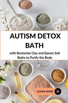 Try this autism detox bath using Bentonite Clay and Epsom Salt to purify your body. This natural remedy can help reduce inflammation, and pain, and pull toxins from the body. For best results, take two to three baths per week using one cup of Bentonite Clay in warm water. Detoxify and rejuvenate your body today! #AutismDetoxBath #BentoniteClay #EpsomSalt #PurifyYourBody Detox Bath Bentonite Clay, Detox Bath Toxins, Bentonite Clay Detox Bath, Detox Bath For Colds, Detoxing Your Body From Toxins, Bentonite Clay Bath, Clay Bath, Epsom Salt Benefits