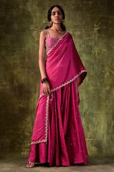 Rani pink embroidered bralette with sweetheart neckline. Paired with front slit skirt and organza silk dupatta Pink Silk Skirt, Pink Sharara, Abhinav Mishra, Punit Balana, Amit Aggarwal, Zardozi Work, Rani Pink, Pink Embroidery, Pink Mirror