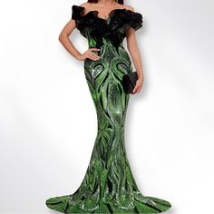 Belle Peacock Sequin Pattern, Off Shoulder, Contrast Color, Mermaid Hem Women's Evening Gown Dress (Thick Fabric) Womens Evening Gowns, Off Shoulder Evening Gown, Sequin Pattern, Kim Gravel, Evening Gown Dresses, Thick Fabric, Gown Dress, Evening Gown, Black Green