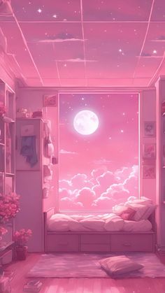 a room with a bed, window and pink sky in the background is lit by stars