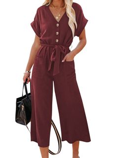 PRICES MAY VARY. Feature:Short sleeve, V neck, Solid color, High waist, Button Down, Pocketed, Long Pants Jumpsuits Romper with Belt. Casual jumpsuit is made of good fabric, comfortable, soft, breathable, lightweight, loose design make it full of vitality. The wide legs make this women romper easy to wear, plus the material is soft and breathable so you will be cool and comfy all season. Match: you can pair the solid color one piece outfit with shoes, sandals or heels as you like. Occasion: Jump Wedding Guest Outfit Ideas, Finding Me, Jumpsuit Outfits, Baby Wardrobe, Random Outfits, Solid Color Jumpsuits, Casual Professional, Bodycon Jumpsuit, Style Makeover