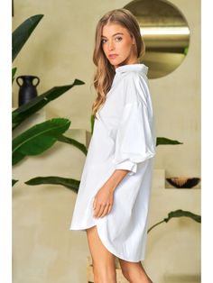 3/4 Bubble Sleeve V Neck Shirt Dress Big Buckle Belt, V Neck Shirt, Talk Of The Town, Bubble Sleeve, Swim Sets, Poplin Dress, In Laws, Denim Shoes, Beauty Sale