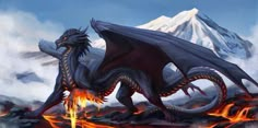 a black dragon sitting on top of a rock next to a fire and ice covered mountain