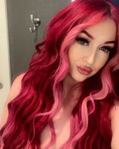 Bright Red Hair With Pink Highlights, Long Red Hair With Blonde Money Piece, Magenta And Red Hair, Hot Pink And Light Pink Hair, Red And Hot Pink Hair, Vivid Summer Hair Color, Vampire Aesthetic Hair, Burgundy And Red Hair, Pink Hair With Roots