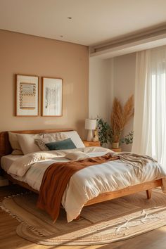 a bedroom with a bed, rug and two pictures on the wall above it's headboard