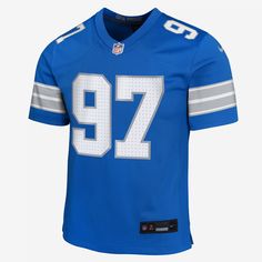 Rep one of your team's top stars with this Detroit Lions Jersey. Proper ventilation and a loose fit help provide a dry, comfortable wear with the authentic look of the on-field uniform. Nike Football Season Sports Jersey, Nike Moisture-wicking Tops For Football Season, Nike Tops For Football Season Sports Events, Nike Tops For Football Season, Sporty Nike Tops For Football Season, Nike Team Spirit Jersey For Sports Events, Nike Football Season Jersey, Team-colored Cotton Sports Jersey, Team-colored Cotton Jersey For Sports