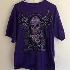 Glidden Heavy Cotton T-Shirt, Dark Purple And Black, Skull With Wings And Roses Graphic, Short Sleeves, Never Worn, Extra Large Black And Purple Graphic Tee, Purple Alt Clothes, Gothic Graphic Tees, Black And Purple Clothes, Purple Emo Outfits, Dark Purple Clothes, Dark Purple Shirt, Purple Shirts, Skull With Wings