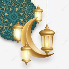 a crescent moon with two lamps hanging from it's sides against a blue and gold background