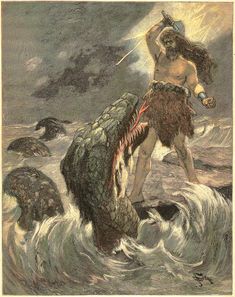 a man standing on top of a large alligator in the ocean next to another creature