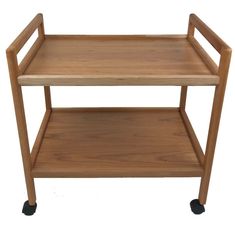 a wooden serving cart with two shelves on each side and wheels for easy access to the top