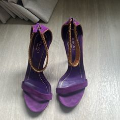 Worn Several Times But Still In Good Condition! Purple Suede With Gold Strap And Heel Designer Purple Leather Heels, Luxury Purple Open Heel Heels, Designer Purple Open Toe Heels, Designer Open Heel Purple Heels, Designer Purple Open Heel Heels, Luxury Purple Evening Heels, Luxury Purple Pointed Toe Heels, Shoes Gucci, Purple Suede