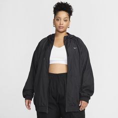 With a classic sport look and a lightweight feel, this jacket is ready for whatever the day throws at you. Dropped shoulders and an oversized fit gives you a casual feel that you can rock all day. Sport Look, Plus Size Black, Cold Hands, Swoosh Logo, Women Lifestyle, Nike Sportswear, Hooded Jacket, Free Delivery, Black White