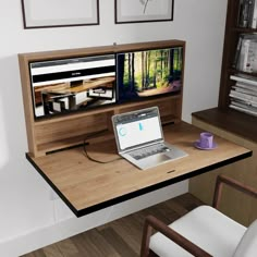 an open laptop computer sitting on top of a wooden desk next to a white chair