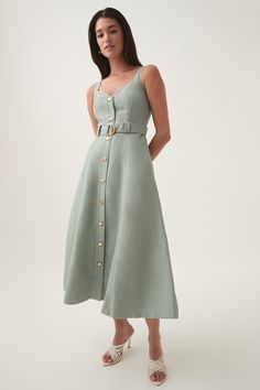 Clay Belted Midi Dress | Willow Green | Aje – Aje ROW Wedding Guest Outfit Ideas, Willow Green, Midi Dress Formal, Designer Midi Dresses, Belted Midi Dress, Linen Midi Dress, Dress A Line, Virtual Stylist, Midi Dress Summer