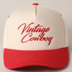 Vintage Cowboy Embroidery Two-Tone Baseball Cap - "Vintage Cowboy" Text Embroidery - 5 Panel Canvas Baseball Cap - 100% Cotton - Adjustable Buckle Closure - Embroidered In USA *One Size Fits All - Adjustable Strap Makes Fit Comfortable.* The VANTAGE Two-Tone Embroidery Trucker Hat blends style and functionality with its distinctive design. The hat features a two-tone color scheme, combining a vibrant or contrasting color on the front panels with a complementary. The embroidered detailing on the Vintage Cotton Trucker Hat With Curved Bill, Retro Cotton Trucker Hat With Letter Print, Vintage Red Cotton Hat, Red Vintage Cotton Hat, Retro Cotton Hat With Embroidered Logo, Vintage Curved Bill Hat With Embroidered Logo, Vintage Cream Snapback Hat, Retro Cotton Hat With Letter Print, Vintage White Trucker Hat With Embroidered Logo