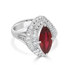 Featuring a stunning Ruby in a marquise cut, it flaunts baguette diamonds that surround the mesmerizing shade of the jewel, giving it an unblemished look. Crafted in platinum, this is a one-of-a-kind luminous ring! Product Information SKU RC55972/1 Metal Type Platinum Metal Color - Ring Style Halo Primary Stone Gemstone Name Ruby Gemstone Species Corundum No. Of Gemstones 1 Gemstone Shape Marquise Gemstone Color Red Gemstone Grade - Gemstone Clarity - Gemstone Weight 3.16 Gemstone Size 15.00 x 7 Luminous Ring, Baguette Diamonds, The Jewel, Red Gemstones, Platinum Metal, Ring Style, Ruby Gemstone, Cut It, Color Ring