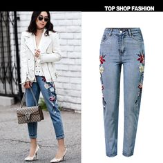 With the print patterns, this type of pant belongs to fashionable style. This type of pant belongs to slim fit type, which can let the girls and ladies wearing it taller and thinner. You can wear it to go shopping, visit and so on. I¡¯m sure you will like it.Material: DenimColors: BlueSize: XS, S, M, L, XL, 2XLWaistline: High WaistPocket: YesPattern: PrintFit Type: SlimOccasion: Casual, Street, ClubSeason: Sprint and AutumnClose Type: Zipper Trendy Straight Leg Pants With Floral Embroidery, Trendy Embroidered Straight Leg Pants, Trendy Straight Fit Jeans For Spring, Trendy Straight Jeans For Spring, Spring Ankle-length Denim Jeans, Trendy Mid-rise Bottoms With Floral Embroidery, Casual Floral Embroidered Pants For Fall, Mid-rise Pants With Floral Embroidery For Spring, Spring Mid-rise Pants With Floral Embroidery