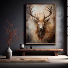 a deer's head with antlers is displayed on the wall above a table