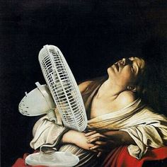 a painting of a woman with a fan on her head, holding a baby in her arms