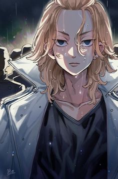 an anime character with blonde hair and blue eyes wearing a leather jacket in the rain