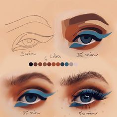 the different types of eyeliners are shown in this drawing style, including blue and brown