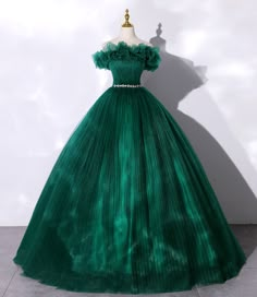 Green tulle long ball gown dress formal dress · Little Cute · Online Store Powered by Storenvy Prom Dress Green, Off Shoulder Evening Dress, Sweet 16 Dress, Green Evening Dress, Tulle Neckline, Green Tulle, Long Prom Gowns, 16 Dress, Graduation Dresses