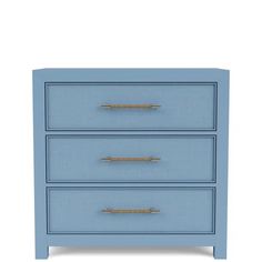 a blue dresser with three drawers and gold handles