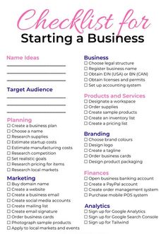 the checklist for starting a business is shown in pink and blue with text that reads,