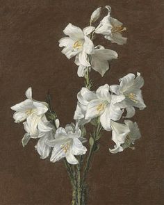 a painting of white flowers in a glass vase on a brown tableclothed surface