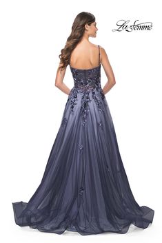 La Femme 32185 Two tone tulle gown with full a-line skirt and ruching along the bodice. The dress features a beaded and sequin floral applique. Back zipper closure. Horsehair Hem, Long A Line Skirt, Prom Designs, Designer Prom Dresses, Floor Length Skirt, Tulle Gown, A Line Prom Dresses, Prom Girl, Prom Dresses Lace