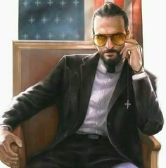 a painting of a man sitting in a chair talking on a cell phone while wearing sunglasses