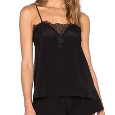 Fabric: Silk Charmeuse Lace Trim Adjustable Straps Waist-Length Style V Neck Sleeveless Shell: 100% Silk Trim: 100% Nylon Measures Approximately 18" From Pit To Pit, 18" Long Excluding Straps No Trades Black Lace Trim Camisole For Date Night, Chic Black Tops For Night, Elegant Black Top For Night, Black Summer Camisole For Night, Chic V-neck Top For Night, Black Summer Night Camisole, Chic Cami Top For Night, Chic Night Cami Top, Elegant Black Tops For Loungewear